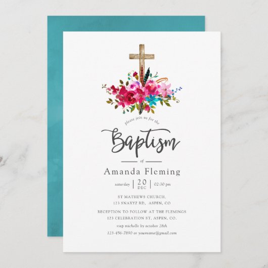 Boho Chic Floral Baptism Kaart (Voorkant / Achterkant)