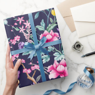 Boho Chic Floral & Butterflies Navy Wrapping Paper Cadeaupapier
