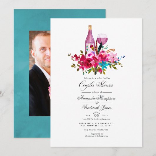 Boho Chic Floral Couples Shower Wine Tasting Invit Kaart (Voorkant / Achterkant)