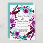 Boho Chic Floral krans Paarse bruiloft uitnodiging (Voorkant / Achterkant)