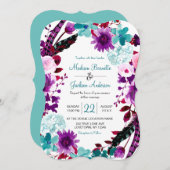 Boho Chic Floral krans Paarse bruiloft uitnodiging (Voorkant / Achterkant)