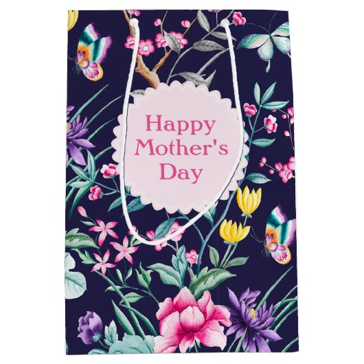 Boho Chic Floral Pattern | Navy Blue Moederdag Medium Cadeauzakje (Voorkant)