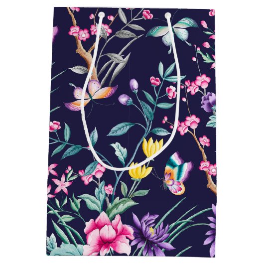 Boho Chic Floral Pattern | Navy Blue Moederdag Medium Cadeauzakje (Achterkant)