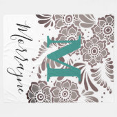 Boho Chic Floral Pattern Turquoise & Gray Monogram Fleece Deken (Voorkant (Horizontaal))