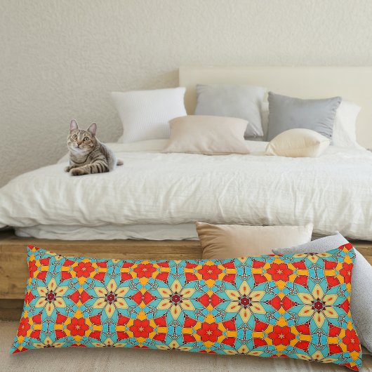 Boho Chic Floral Pattern - Turquoise Oranje Red Lichaamskussen