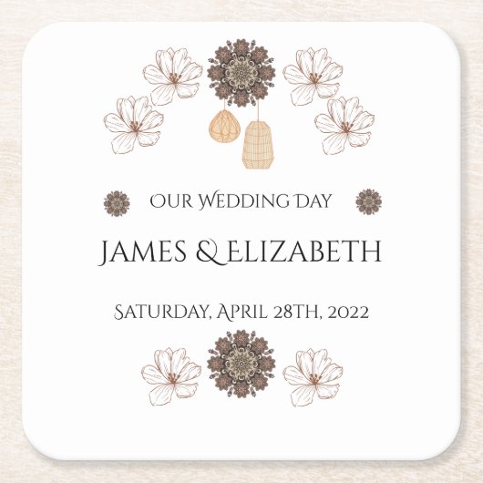Boho Chic Floral Wedding Vierkante Kartonnen Onderzetter (Voorkant)