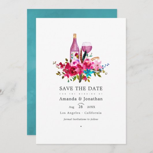 Boho Chic Floral Wine Tasting Weduwfoto Save The Date (Voorkant / Achterkant)
