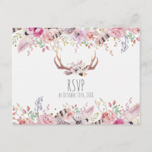 Boho Chic Flowers Deer Antlers Rustic Wedding RSVP Uitnodiging Briefkaart