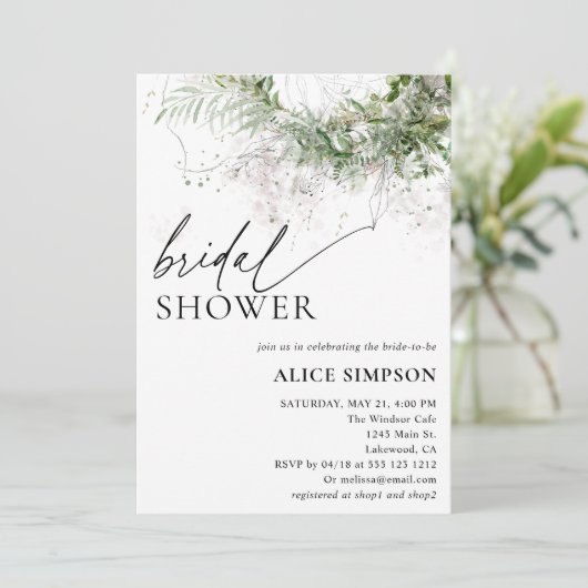 Boho Chic Greenery Script Bridal Shower Invitation Kaart (Staand voorkant)