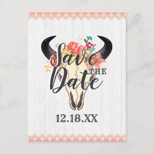 Boho Chic Koe Schedel Bloemen Boeketten Save the D Aankondigingskaart