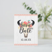 Boho Chic Koe Schedel Bloemen Boeketten Save the D Aankondigingskaart (Staand voorkant)