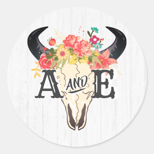 Boho Chic Koe schedel Bloemen Rustiek Monogram Bru Ronde Sticker (Voorkant)
