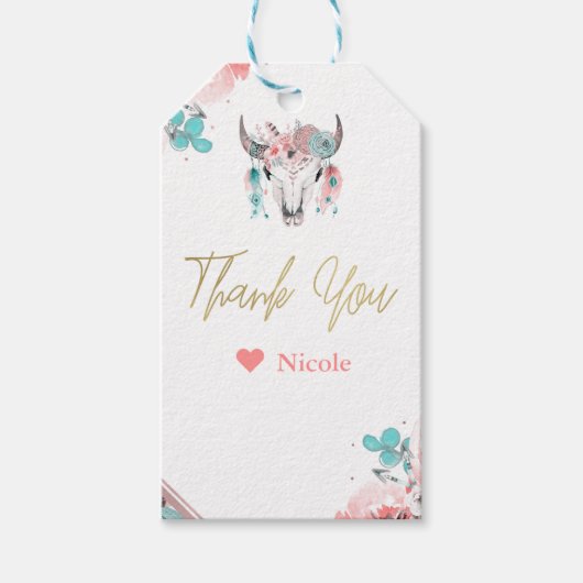 Boho Chic Koe schedel Bloemen Verjaardag Bohemian  Cadeaulabel (Voorkant)