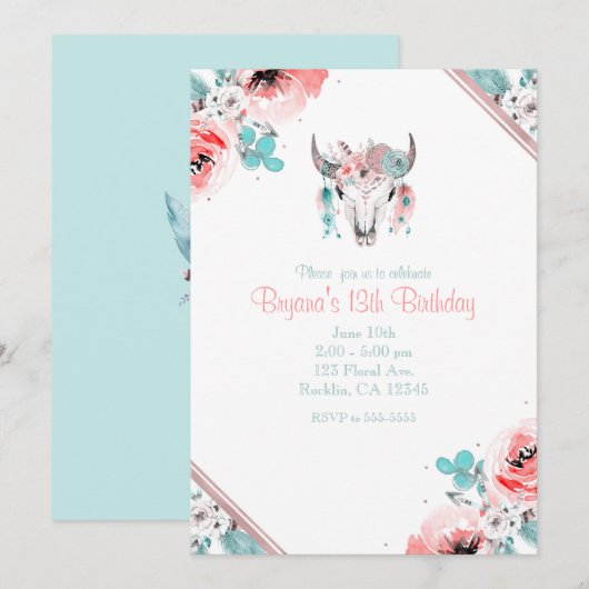 Boho Chic Koe Schedel Bloemen Verjaardagsuitnodigi Kaart (Voorkant / Achterkant)