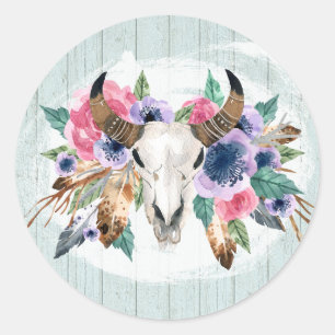 Boho Chic Koeien schedel Waterverf Bloemrijke Rust Ronde Sticker