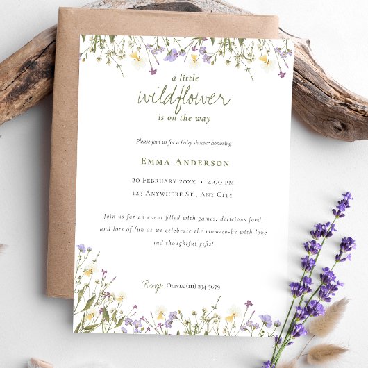Boho Chic Little Wildflower Baby shower Kaart