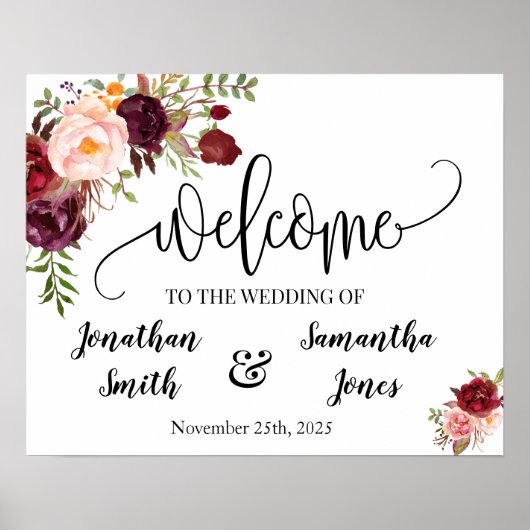 Boho chic marsala bloemen trouwelcome bord poster (Voorkant)