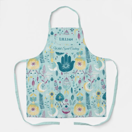 Boho Chic met Hamsa Hand- en Bloemaccenten Blauwgr Schort (Voorkant)