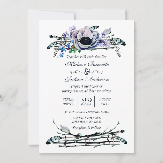 Boho Chic Mint & Navy Bloemen bruiloft uitnodiging (Voorkant)