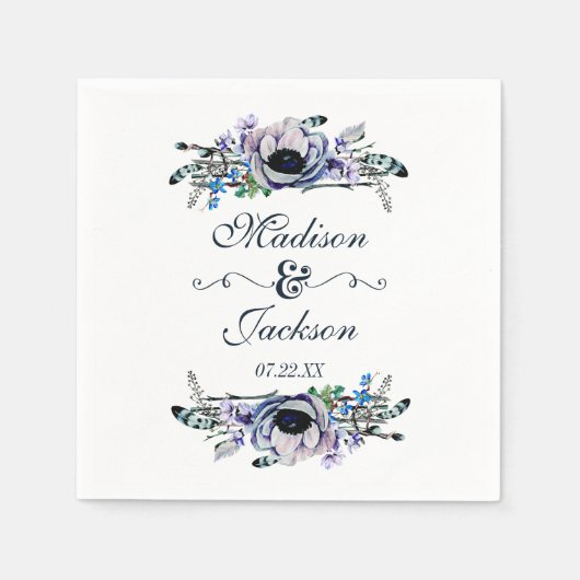 Boho Chic Mint & Navy Bloemen Monogram Bruiloft Servet (Voorkant)