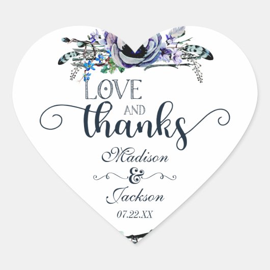 Boho Chic Mint & Navy Bloemenliefde & Bedankt Favo Hart Sticker (Voorkant)