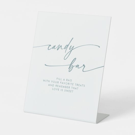 Boho Chic Modern Blauwgroen en wit Snoep Bar Weddi Reclamebord Met Voetstuk (Voorkant)