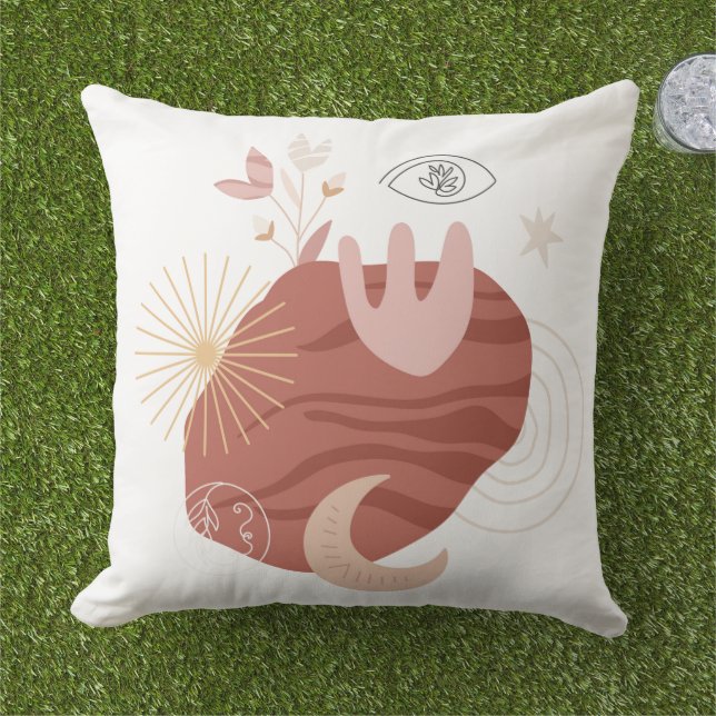 Boho chic moon line art bloemen oogzonnebrand buitenkussen (Gras)