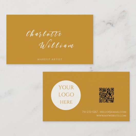 Boho Chic Mosterd Kalligrafie Script Logo QR Code Visitekaartje (Voorkant / Achterkant)