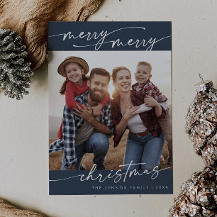 Boho Chic Navy Blue Family Foto Schattige Kerst Feestdagenkaart