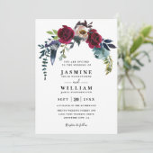 Boho Chic Navy Burgundy Bloemencode QR Code Huweli Kaart (Staand voorkant)