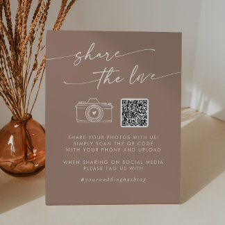 Boho Chic Neutral Taupe Deel de Liefde QR Code Reclamebord Met Voetstuk