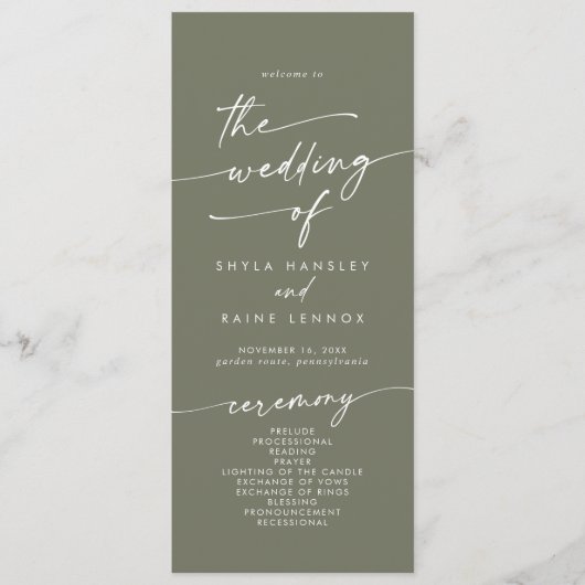 Boho Chic Olijf Groene Thee Lengte Bruiloft Programma (Voorkant)
