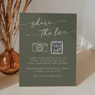 Boho Chic Olijfgroen Deel de liefde QR-code Reclamebord Met Voetstuk