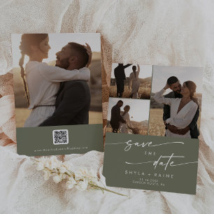 Boho Chic Olijfgroen Multi Foto QR Code Save The Date