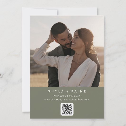 Boho Chic Olijfgroen QR Code Fotokalender Save The Date (Achterkant)