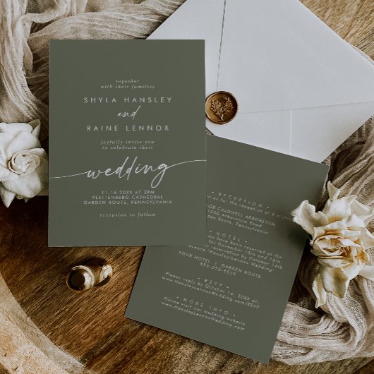 Boho Chic Olive Groen Voor- en Achterbruiloft Kaart