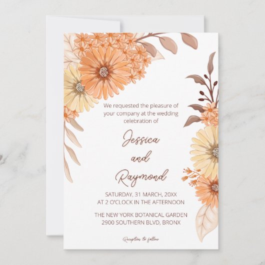 Boho Chic Orange Floral Faire-part de mariage (Devant)