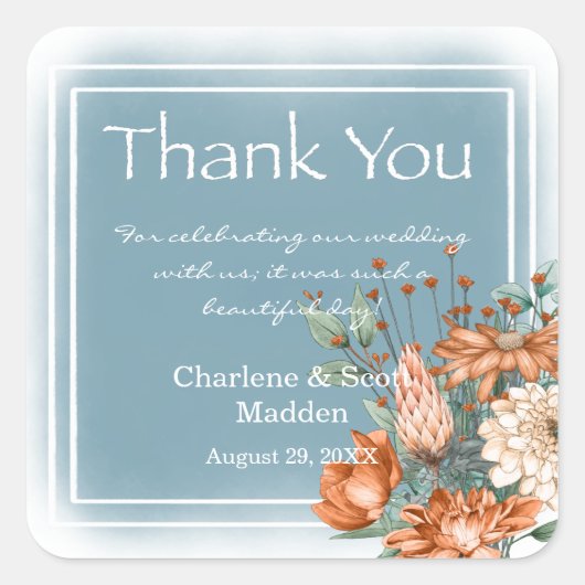 Boho Chic Oranje en Cream Flower Smokey Blue Wash Vierkante Sticker (Voorkant)