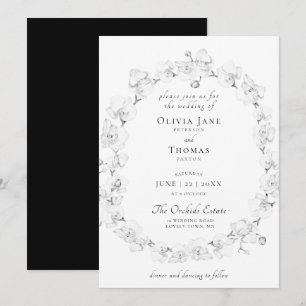 Boho Chic Orchid Floral Wreath Black White Wedding Kaart