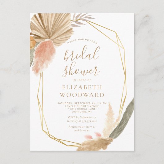 Boho Chic Pampas Grass Bridal Shower Invitation Briefkaart (Voorkant)