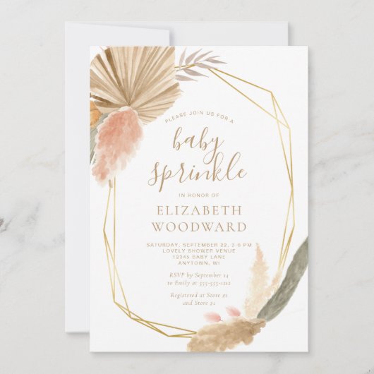 Boho Chic Pampas Grass Gold Lijst Baby Sprinkle Kaart (Voorkant)