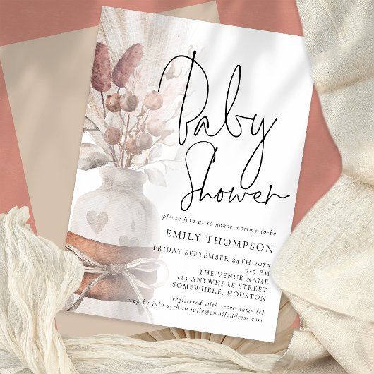 Boho Chic Pampas Grass Script Baby shower Kaart