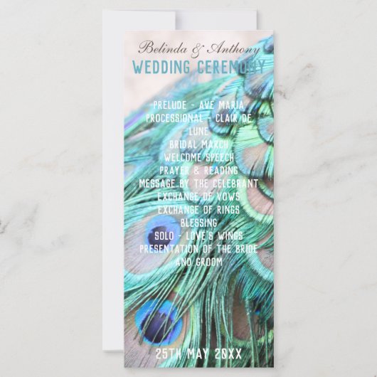 Boho Chic Peacock Back Feathers Wedding Programme (Voorkant)