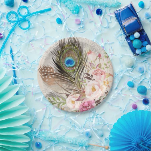 Boho Chic Peacock Feather and Rozen Paper Bord (Feest)