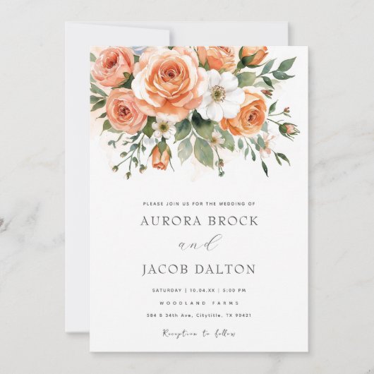 Boho Chic Perzik en witte bloemen bruiloft Kaart (Voorkant)