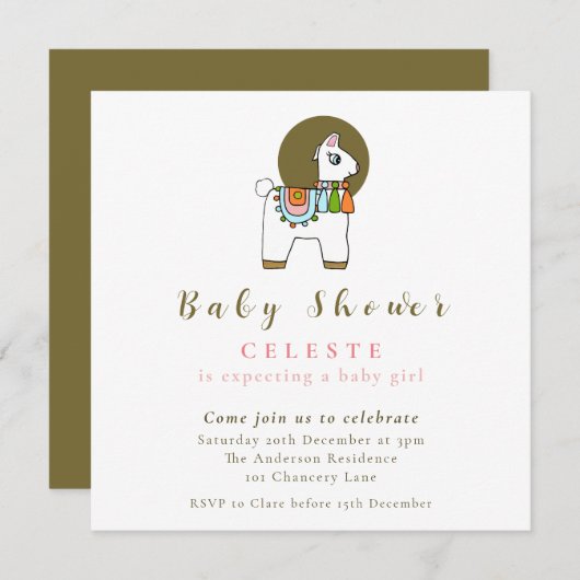 Boho chic pinata llama baby shower carte d'invitat (Devant / Derrière)