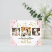 Boho Chic Pink Hexagon Gold Geometric Save Date (Staand voorkant)