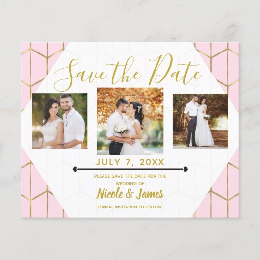 Boho Chic Pink Hexagon Gold Geometric Save Date (Voorkant)