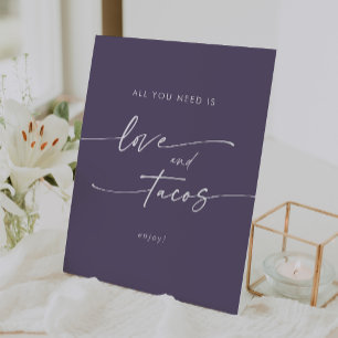 Boho Chic Plum Paarse liefde Taco Bar bruiloft Reclamebord Met Voetstuk