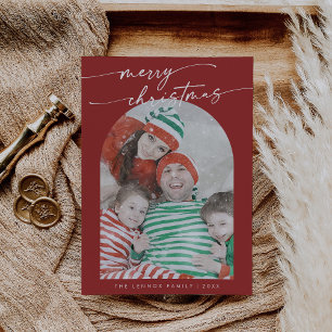 Boho Chic Red Fun Family Foto van Kerstmis Feestdagenkaart